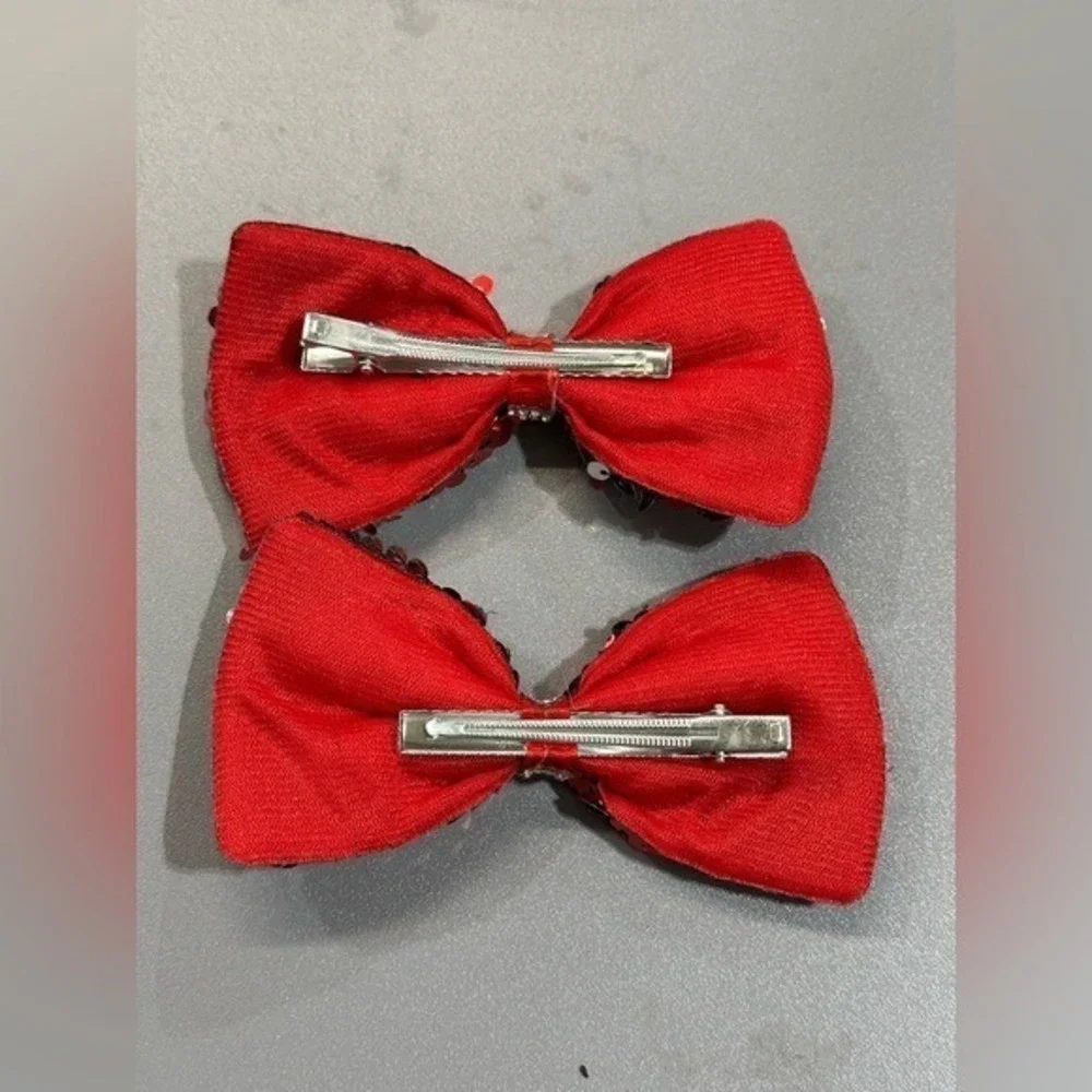 NEW Hair Accessories Bow Clips set of 2 red‎ silver